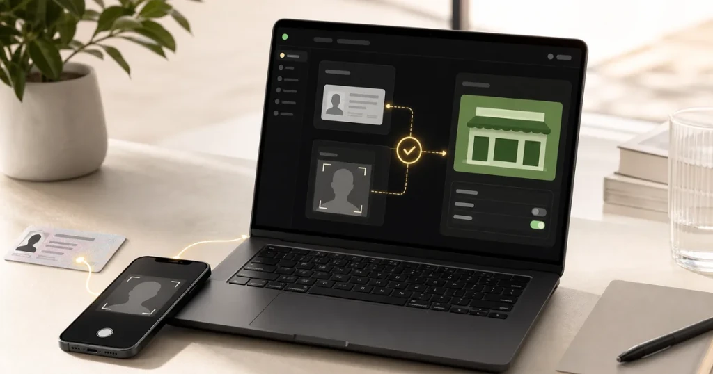 Shopify-Partner-Verifizierung mit Ausweis und Smartphone neben einem Dev Dashboard für den Collaborator-Zugriff.
